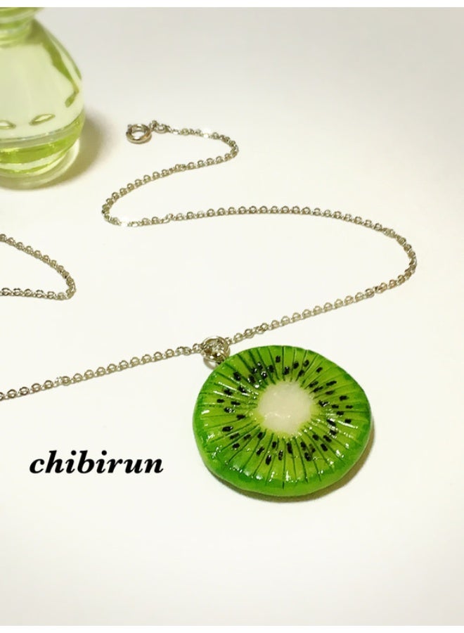 Trendy Handmade Resin Kiwi Slice Necklace - Realistic Fruit Pendant with Elegant Silver Chain - Unique Fashion Accessory - Image 2